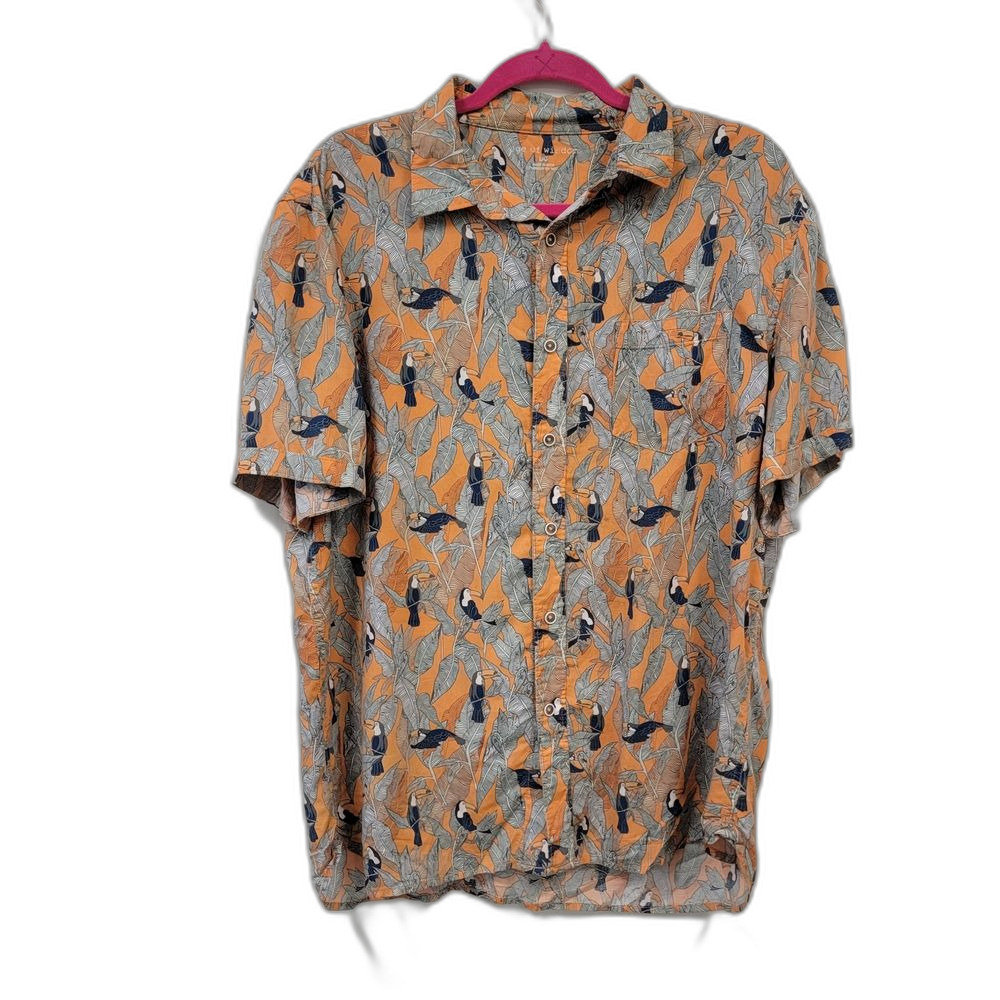 Age of Wisdom Toucan Pattern Button Down Shirt Orange Blue Size L/G